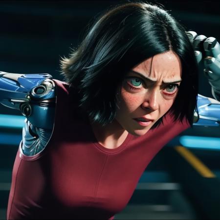 alita woman looking sad and punching <lora:alita-test-1:0.6>