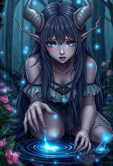1 girl, solo, 19 years old, parted lips, slim build, refined beauty, medium round breasts, close up, upper body mystical girl with long hair and ethereal horns, kneeling in a forest clearing under heavy rain, surrounded by sparkling blue energy and raindrops. She has an expressive, heart-wrenching gaze, reflecting her internal conflict and sadness. Her delicate fingers are gently touching the water, creating ripples as her tears blend with the raindrops. The intricate details in her outfit and surroundings, with vibrant and magical plants, create an enchanting and somber environment. The atmosphere is both melancholic and hopeful, as she grapples with her emotions and the awakening of her powers. High detail and complexity