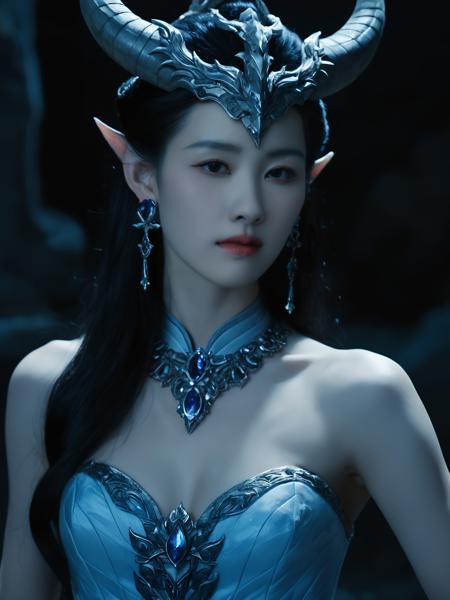 realistic, Skin Textures, High Resolution, Cinematic,long shot, chenduling woman,jewelry,earrings,stunning beautiful,innocent , a great demon,ultra evil, acting She-Ra, in a fantasy scenario, ultra detailed, elegant, highly detailed, film still, dark light night, octane render, choppy lighting, law of thirds by James Jean and Frazetta, hyperrealistic, sharp focus, illustration, dark fantasy, intricate<lora:cdl2_ej_JuggXL_1:0.5>