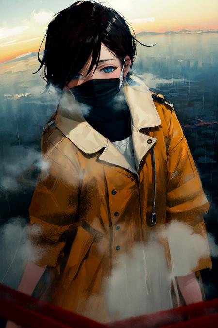 1girl, scenery, (close-up:1.2), fog, steam, beams flying around, laser, danmaku, plastic raincoat, rain, plastic translucent skirt, surgical mask, hair extensions, bright pupils, from above, black hair, BREAK best quality, detailed background, masterpiece, tkstyle, oil painting \(medium\) <lora:tkstyle_2-anime:1>