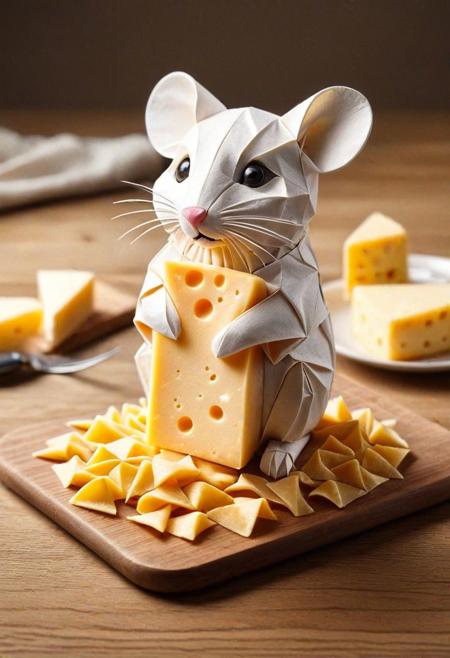 a cheese shaped like a mouse made of cheese sitting on a table, origami, butter, medium portrait, ichigo, pub, full - view, thoughtful ), pasta, with cute doting eyes, labrador, inspired by Michaelangelo, stained,
solo, standing, full body, indoors, blurry, no humans, table, dog, animal focus