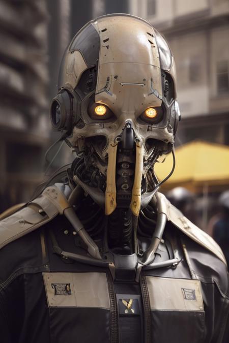 rz88mkultr4, a closeup of a robot ,  an ultrafine detailed painting ,  poster art, heavy focus on skeletal, 8x
a painting of a man standing on a city street wearing a yellow shirt, a character portrait, by WLOP, pop surreal