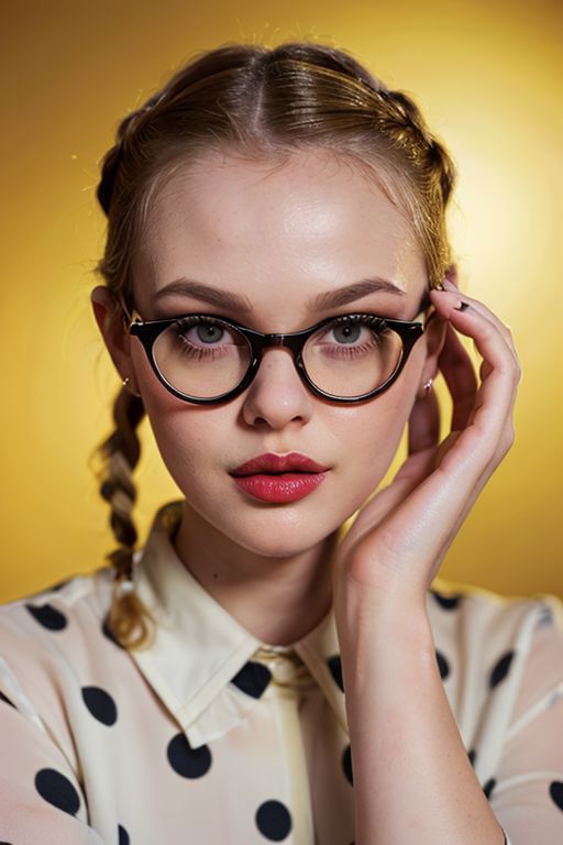 Blonde woman with glasses in polka dot shirt.