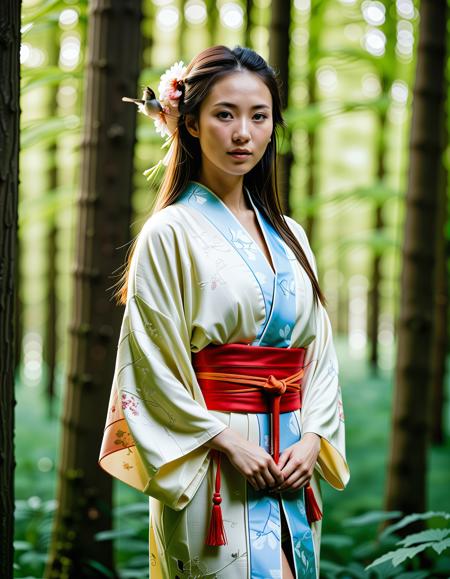 RAW full body analogue photo of a beautiful 25 years old Asian woman, clear focus, high resolution image, <lora:Ai_Lotus:0.75>,Wearing traditional japanese clothes kimono,low light, soft natural light, Rembrandt style light, Hasselblad DLSR camera, 200mm Zeiss lens, f/2.8, ,Sexy pose, erotic pose, exhibitionism, ,((A serene forest glade with dappled sunlight and chirping birds))