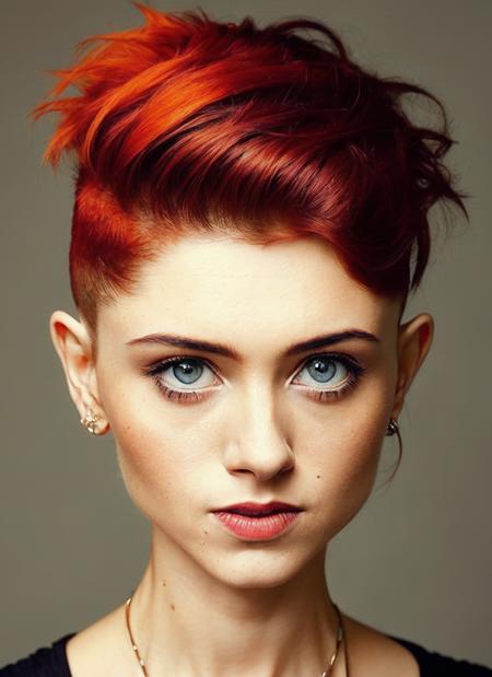 portrait of sks woman by Flora Borsi, style by Flora Borsi, bold, bright colours, orange Mohawk haircut, ((Flora Borsi)), <lora:locon_nataliadyer_v1_from_v1_64_32:1.4>