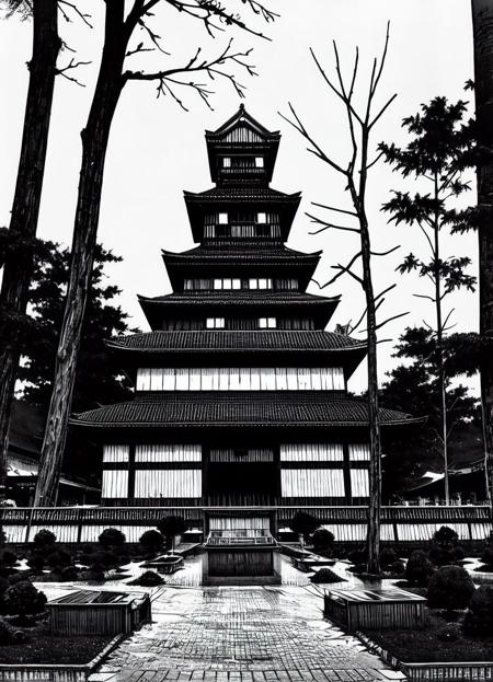 masterpiece, vagabond_style,  <lora:vagabond-30:1>, japanese castle, town, cedar trees, monochrome