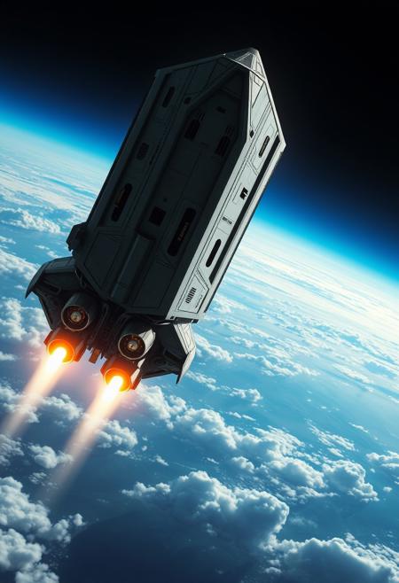 realistic, detailed spacecraft with engines enters the atmosphere of the planet, the ship is covered with re-entry layers, blue sky and clouds, soft light