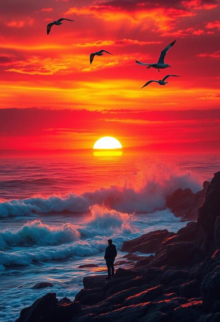 A breathtaking coastal scene unfolds: a rugged shoreline meets the dramatic sunset, where waves fiercely crash against the rocky shore. The sky is set aflame with vibrant hues of orange and red as the sun teeters above the water's edge, refracting through misty tendrils to create a mesmerizing display of color. Above, seabirds majestically soar, their wings aglow with golden light as they glide across the crimson canvas. In the foreground, a solitary figure stands, gazing out at the enchanting horizon, their silhouette defined against the fiery backdrop.