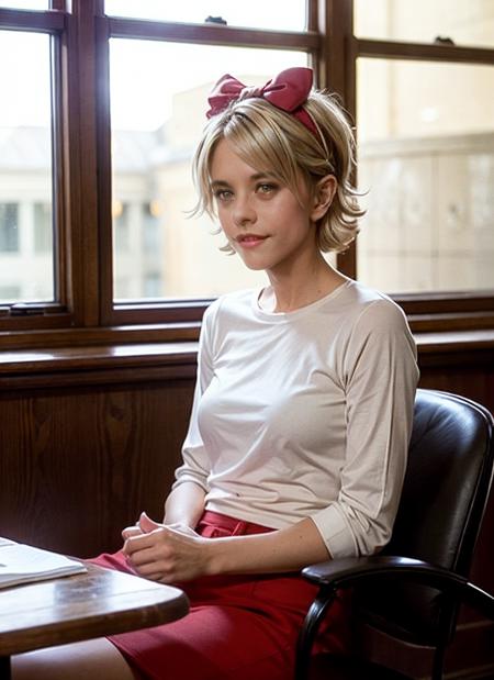 A photo of a young, nerdy skswoman sitting in a caf, wearing a white shirt and a bow, surrounded by a cozy atmosphere, looking at the viewer.
short hair, slender, red lips, transparent fabric, flirting with the camera <lyco:Meg RyanV7:1.2>