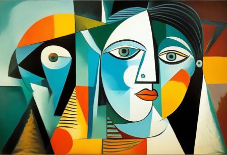 masterpiece, best quality, illustration, style of Pablo Picasso, cubist, complementary colors, abstract landscape,