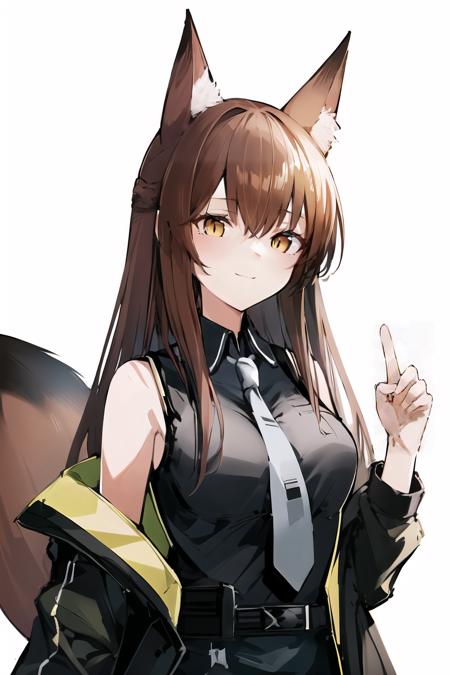 (high quality, high resolution:1.3), 4k, masterpiece, 
BREAK
1girl,  <lora:Franka:0.85>, Franka, 1girl, animal ears, upper body, fox ears, brown hair, tail, yellow eyes, necktie, shirt, sleeveless shirt, grey necktie, off shoulder, jacket, smile, standing, id card, simple background, white background, <lora:NoiseOffset_v2:1.0><lora:NoiseOffset_v2:1.0>