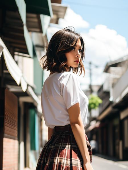 BJ_Street-photo,1girl,solo,looking_at_viewer,short_hair,skirt,brown_hair,shirt,black_hair,brown_eyes,jewelry,standing,white_shirt,short_sleeves,outdoors,sky,day,blurry,bracelet,lips,plaid,depth_of_field,blurry_background,plaid_skirt,building,realistic,arms_at_sides,road,power_lines,street,
cinematic lighting,strong contrast,high level of detail,Best quality,masterpiece,White background,