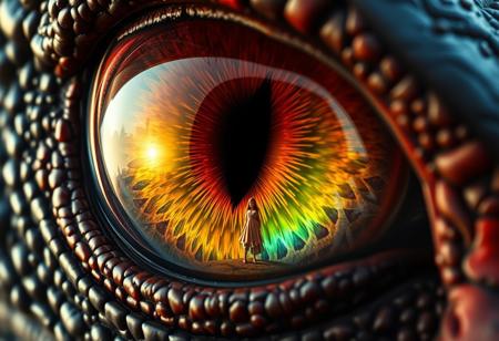 Extreme macro closeup of a massive dragon's eye filling the entire frame, with a vertical slit pupil that reflects like polished obsidian. The iris displays vibrant rainbow colors - deep crimson at the inner ring transitioning through orange, golden yellow, emerald green, sapphire blue, and violet at the outer edge, with intricate crystalline patterns and ancient wisdom gleaming within. The eye's surface has a subtle reptilian texture with fine scales around the edges. In the reflection of the pupil , a tiny female princess stands dwarfed by the immense scale - appearing no larger than a speck of dust against the colossal eye. The lighting should be dramatic with the iris colors casting prismatic reflections, and the overall mood should convey the awe-inspiring, terrifying scale difference between dragon and human. Ultra-detailed, photorealistic rendering with shallow depth of field emphasizing the eye's immense size.