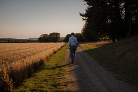 (wide shot) photo of matthew_bosch walking down the beginning of a path with golden fields on either side, wearing well-fitted smart casual clothes, crisp white shirt, rolled up sleeves, unbuttoned shirt, dark denim jeans, determined, hopeful, and forward-looking mood, <lora:matthew_bosch-07:1>, rustic barns, horizon, early morning sky, warm hues of dawn, serene backdrop, silhouette casts a long shadow on the path