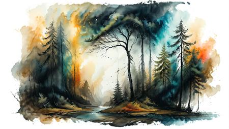 dark forest, landscape scenery, watercolor and ink style, white background, artistic and abstract, whirlwind, key visual, ink painting art, vibrant colors, minimalism, soft brush strokes <lora:Cute_Drawing:0.8> <lora:hyperkraximalism_v1-1:0.8>