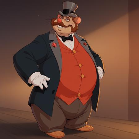 HonestJohn, 1boy,  solo, furry male, fat, top hat,  black bowtie, red vest, suit, pants mouse tail