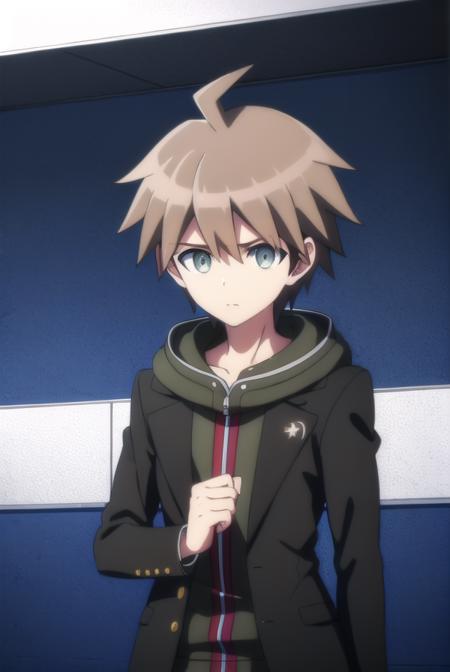 makotonaegi, <lora:makoto naegi s1-lora-nochekaiser:1>,
makoto naegi, short hair, bangs, brown hair, hair between eyes, (brown eyes:1.3), ahoge, male focus,
BREAK long sleeves, collarbone, jacket, black jacket, hoodie, hood down, green hoodie,
BREAK outdoors, classroom,
BREAK looking at viewer, (cowboy shot:1.5),
BREAK <lyco:GoodHands-beta2:1>, (masterpiece:1.2), best quality, high resolution, unity 8k wallpaper, (illustration:0.8), (beautiful detailed eyes:1.6), extremely detailed face, perfect lighting, extremely detailed CG, (perfect hands, perfect anatomy),