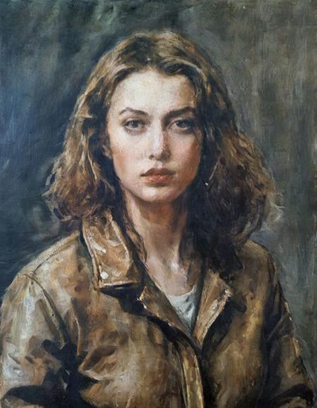 painting, Slovak (Girl:1.2) Tourist, Monstrous, feeling proud, wearing Sensual Anorak and Chesterfield coat, her hair is Chestnut, Relaxed, F/14, Light streaks, extremely hyper aesthetic, (by Bruno Walpoth:0.7) , oil on canvas style <lora:OIL_PAITING_ON_CANVAS_v2:0.85>