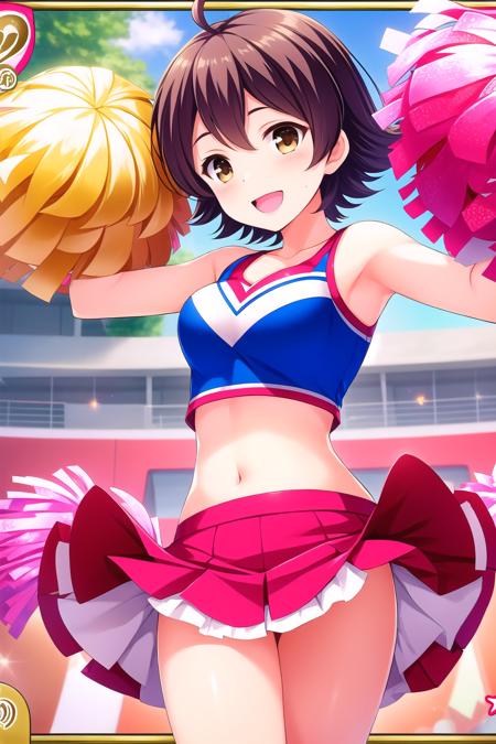 (masterpiece, best quality), highly detailed background, perfect lightingbest quality, hiiragimakoto, solo, outdoors, midriff, cheerleader, brown hair, ahoge, short hair, yellow eyes, brown eyes, breasts, crop top, <lora:GoodHands-vanilla:1>, pom pom \(cheerleading\), red skirt, miniskirt, frilled skirt, smile, open mouth, pink lips, <lora:Hiiragi_Makoto:0.7>