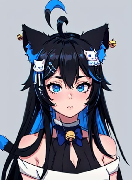 best quality, (masterpiece),(ultra-detailed), (high quality), (high resolution),  <lora:nottvt:0.7> nott vt, animal ears, cat ears, black hair, long hair, cat girl, blue eyes, multicolored hair, blue hair, ahoge, hair ornament, jingle bell