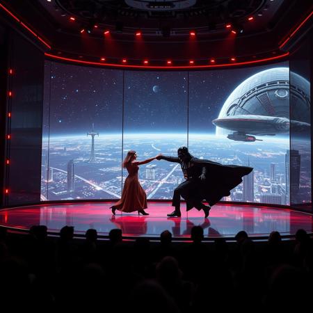 immaculately detailed realistic ultra quality image focused on Darth Vader (Star Wars) and Harry Potter engaged in a duel on a futuristic stage micro-LED lighted, behind the dancer on the stage is an enormous seamless and futuristic wall to wall and floor to ceiling window that looks out at a the planet's surface covered with the lights of enormous buildings and cities, An enormous deco starship with futuristic lighting and an enormous space station are visible in the background among the stars, Artistic art deco, dynamic perspective, (((overall architectural aesthetic is Art Deco Cyberpunk))).  Epic image that elicits a feeling of romanticism, wonder, and awe, the silhouette of the audience can be seen in the foreground that show the enormous scale of the stage and seamless window behind it,