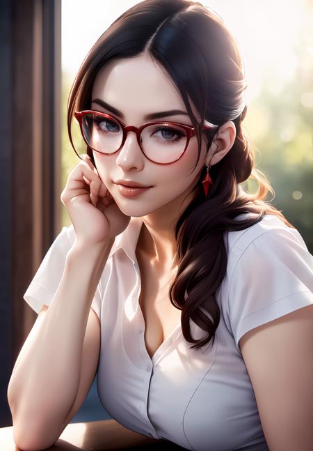 (Photo:1.3), highdetail, <lora:julia_chang:0.8>, julia_chang, 1girl, solo, sitting, smirk, glasses, white shirt,, Dark red, gray, and black colors, vibrant colors, (summer, sunny weather:1.3), medium intensity lighting, (Soft focus:1.3), (acclaimed, alluring, captivating, exciting, gorgeous, striking:1.3), (ultra realistic, sharp focus:1.3)