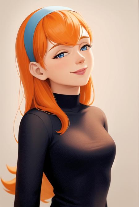 <lora:jasmine_fenton:0.6>, jasmine fenton, masterpiece, best quality, 1girl, solo, orange hair, long hair, smile, blue eyes, hairband, looking up, upper body, black shirt, long sleeves,