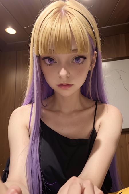 ReimiItsushiro 1girl blonde hair long hair bangs purple eyes blunt bangs sidelocks purple colored inner hair
