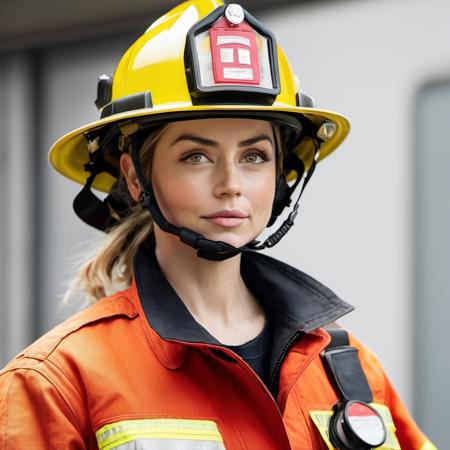 Photo of a female firefighter, Nikon Z9, realistic matte skin, skin texture visible, (sharp focus), (high quality)