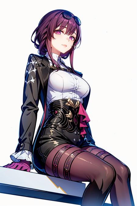 masterpiece, best quality, best light, best shadow, highly detailed,ultra detailed,KAFUKA, 1girl, solo, full body, eyes,from below,sitting, purple gloves, standing, purple stockings, hands up, looking at viewer, single boot, white background,<lora:KAFUKAV3-000008:0.9> <lora:add_detail:0.5>