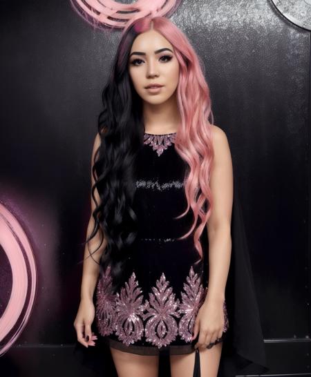 an award winning full body photograph of a seductive (hlfcol haired girl with black and pink hair), Sequined dress dress, hyper realistic, detailed, intricate, insane fine details, cinematic lighting, professional photoshoot    <lora:hlfcol:0.8>