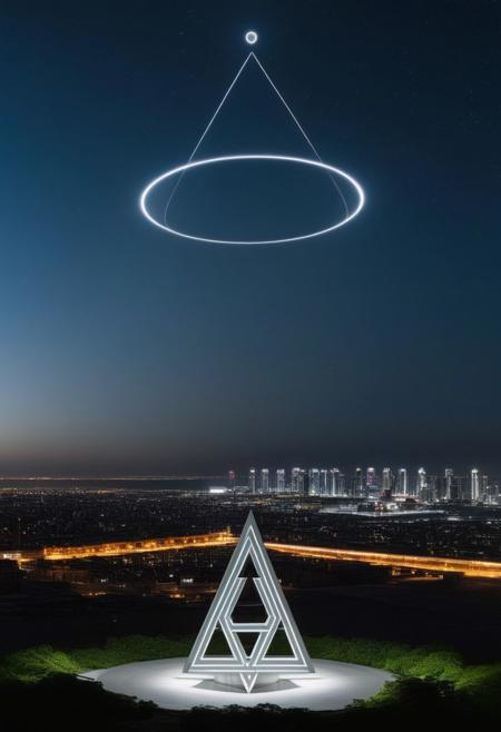 A stately pleasure-dome decree:
Aleph Tower, centre for the AI that rules the Human civilization, in a glittering city of glass and shining metal,
   bright sunlight under a pitch black sky.
So twice five miles of urban sprawl,
With walls and towers  girdled round;
In center: a black circle in bold lines intersected by a thick pentagram, symbol,
Photographer Reuben Wu Style