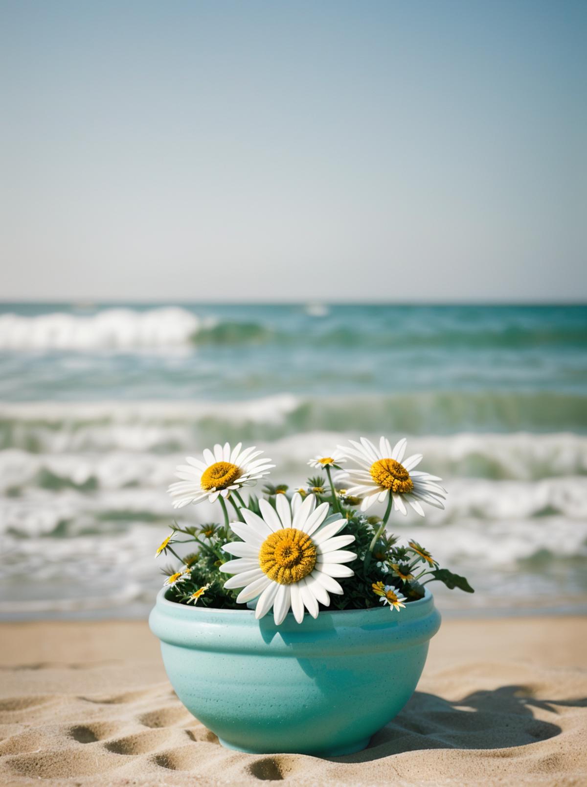 A blue vase filled with white and yellow flowers, placed on the beach.
