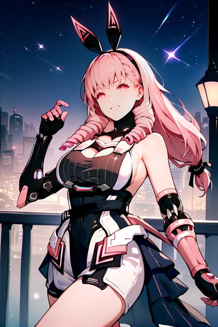 black hairband, fake animal ears, pink hair, braid, low-tied long hair, drill locks, pink eyes, leotard, cleavage cutout, showgirl skirt, thigh strap, pink thigh pouch, white shorts, short shorts high heels, mecha musume, mechanical arms from behind, harness