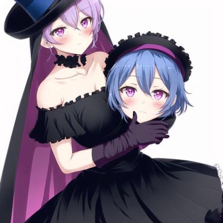 <lora:dullahan3:1.2>,  dullahan, headless, disembodied head, severed head,

 1girl, bare shoulders, black dress, black headwear, blue cape, blue hair, blush, brown eyes, cape, dress, elbow gloves, eyelashes, frilled dress, frills, gloves, hair between eyes, hat, highres, light blue hair, long hair, looking at viewer, object hug, off-shoulder dress, off shoulder, pink eyes, purple gloves, purple pupils, simple background, solo, stuffed animal, stuffed toy, top hat, twintails, white background, yamada1008b