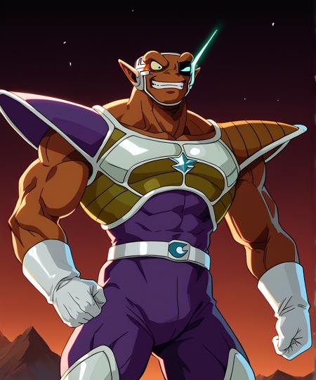 neiz muscles muscular purple skin tight bodysuit light green chest armor white gloves white boots Dragonball Z single lensed scouting device male focus brown skin 1boy armor