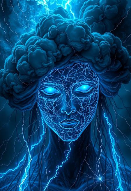A horrifying digital artwork of the cyan Elemental, beautiful female figure made of glowing cyan fire, black clouds and electrically sparkling strings, hyperdetailed, hyperintricate, face made of cyan fire and black colors, horror, by Anna Dittmann, in style by Dan Mumford, Cyril Rolando and M.W Kaluta, 8k resolution