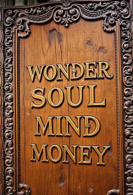 A large, ancient wooden sign, masterfully carved with exquisite and elaborate designs, evoking the feeling of a long-lost relic. The wood features deep, intricate patterns along the edges, including swirling vines, celestial symbols, and delicate filigree that resemble the craftsmanship of a forgotten civilization. Embedded in the wood are faint, mystical runes and nature-inspired carvings like leaves, flowers, and creatures, blending seamlessly with the deep grain and rich texture. The surface has a weathered look, with small cracks, knots, and areas where moss and lichen have naturally grown over time. Each letter is carved with precision in a hand-written, elegant font, flowing over four lines that read: ‘WONDER,’ ‘SOUL,’ ‘MIND,’ and ‘MONEY.’ The letters are adorned with tiny decorative accents, as though they are part of the overall design, merging with the wood’s ancient, sublime artistry. The whole piece radiates a sense of mystery and timeless beauty, as if it holds ancient wisdom within its carved surface