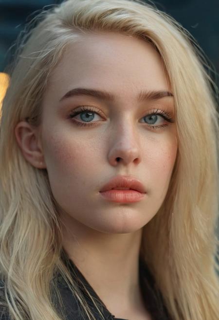 [blue] eye, close up, perfecteyes, [best quality, highres, 4k, 8k, intricate detail, cinematic lighting, skin pores], (pointy nose),(blonde heretic), "Portrait masterpiece instagram photo of a glamorous blonde hot bimbo 18 years old girl with breasts revealed under pulled up top. She has big lips. She is standing outside on a sunday evening. She has a majestic long hairstyle and a lean skinny body shape with wide hips."