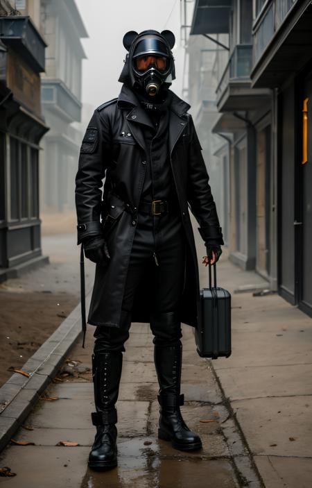A grim stalker in a black gas mask, coated with sand and stains from the tainted air, donning a long leather coat riddled with radiation decay. Black gloves, fingers hooked like harpoons, bear traces of cryptic symbols engraved by the relentless passage of time, visible only when eerie illuminations on his wrists flicker to life.
Attired in tattered leather leggings adorned with sharp metallic nicks, the ensemble gives the impression that shadows from an alternate reality inhabit him. The backs of his boots are veiled in darkness, occasionally revealing ominous glowing symbols, akin to traces from a post-catastrophe world. In his hands, a metallic suitcase, its lock pulsating warning signs of the calamity concealed within.
The camouflage bandana around his neck is etched with mysterious patterns related to mystical anomalies. Dark shades, obscuring his gaze, seem to harbor flames of hell within. Only the eerie light from his lantern pierces through his silhouette, leaving trembling shadows like phantoms forewarning of impending danger.