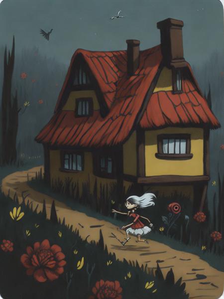 <lora:Dixit:1>a painting of a little girl running towards a house