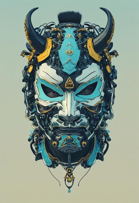 (S1n0z1ck Style) A digitally rendered illustration features a samurai adorned with a futuristic, cybernetic mask, expertly portrayed using a minimalistic flat color palette.