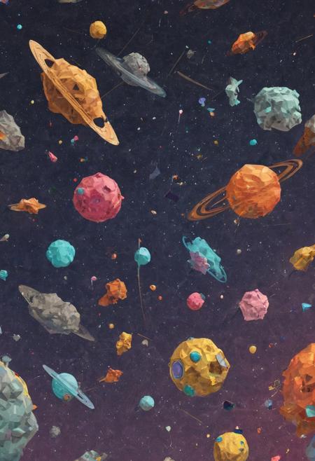 Stark, modern, pop-art inspired rendering of a cluster of space objects, meteorites and multicolor galaxies, in celebration of the theme uncharted territories but warmly Domesticated. including nods to space, color, and polygonal structures. surreal, yet appealing to one's sense of familiarity.