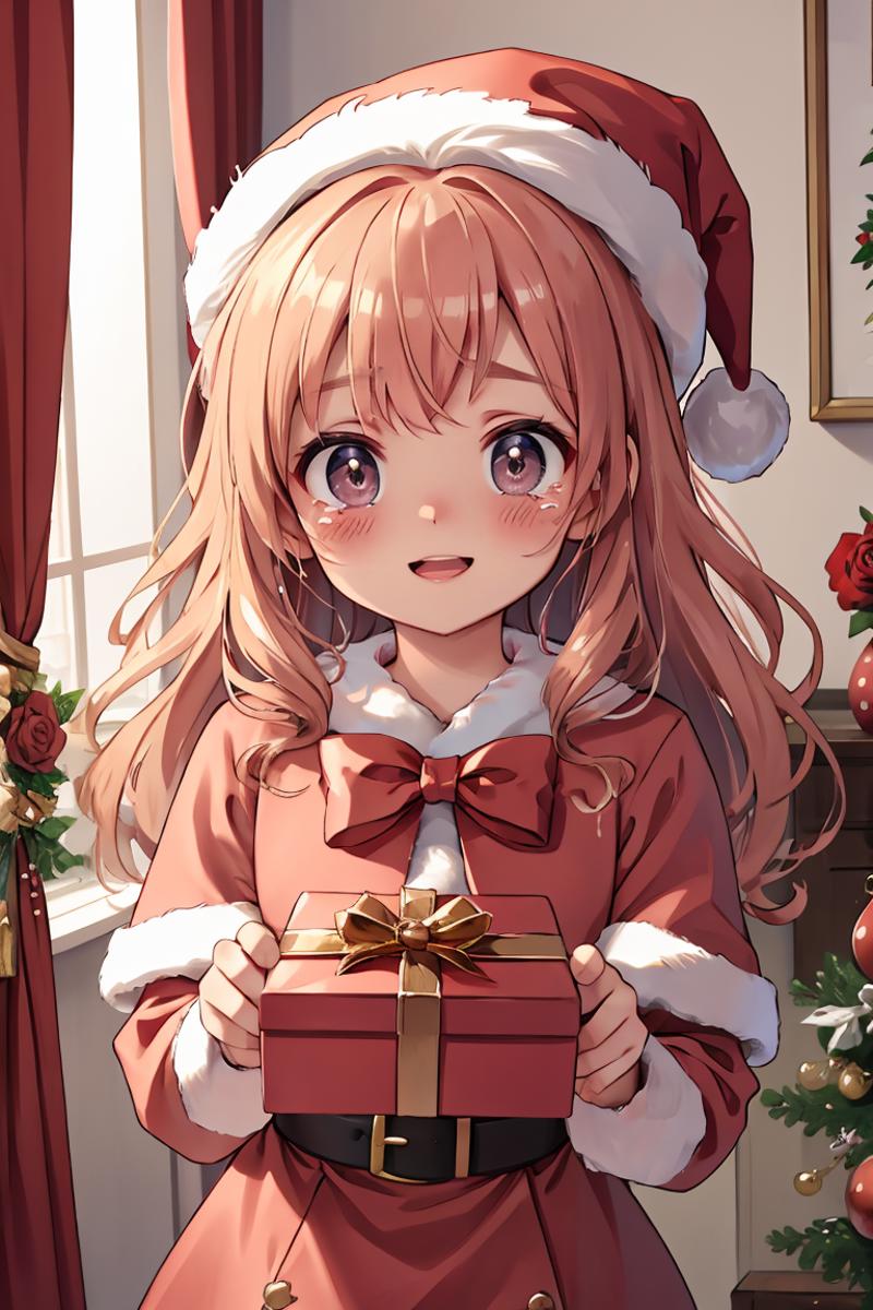 A young girl in a red and white outfit is holding a red gift box.