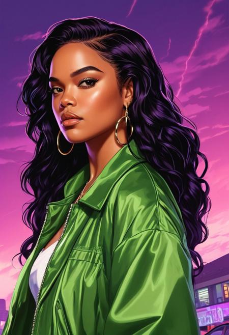 a woman with long black hair wearing a green jacket, gta vice city cover art, brown skin. light makeup, art in the style of disney, amazing lightning art, purple aethetic, tessa thompson, lizzo, portrait of megara, by Nene Thomas, beautiful 3 d rendering, eyecandy