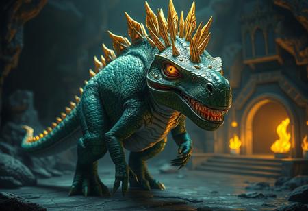 Transcendosaurus Glaciasaurus, green scales, gold accents, Mimighoul Dungeon backdrop. Golden spike crown, yellow glowing eyes, dynamic stance. Cinematic, trending on Artstation, Unreal Engine 5. Raphael style, splash ink illustration. Captivating lighting, isometric view, joyful impact, meticulous details, 4k, CGSociety, golden ratio.
