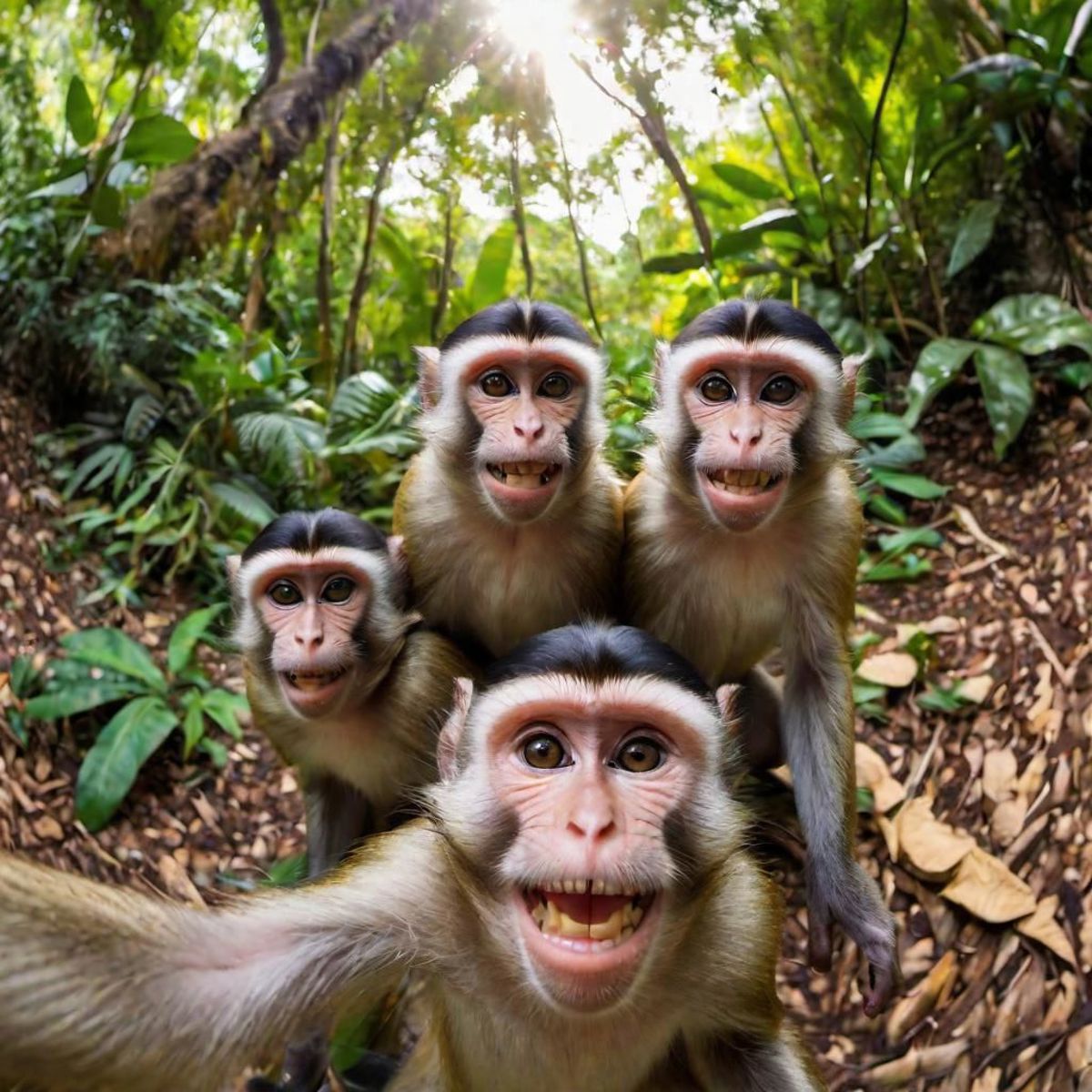 A group of five monkeys posing for a photo in a forest.