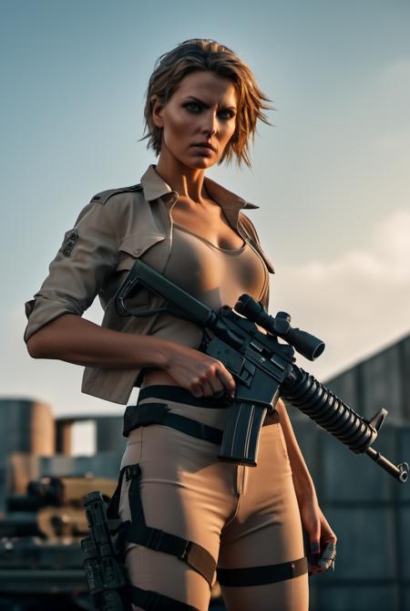 cinematic photo a [nude:10] woman standing on a pile of bullets holding a machine gun, full body, detailed pupils, Metal Gear Solid, busty, trending on ArtStation . 35mm photograph, film, bokeh, professional, 4k, highly detailed