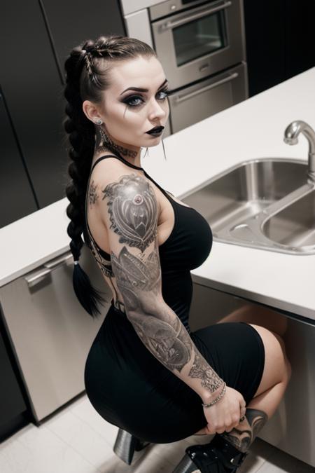 musclebound, muscle builder young adult lithuanian woman,
large perky (breasts), ,
raven hair,french braid,evening gown,
stainless steel counter, high angle, crouching, goth makeup, lip ring, full back tattoo