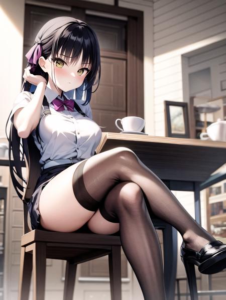 absurdres, masterpiece, <lora:natsume-dataset-lowered:1>, 1girl, crossed legs, facing viewer, chair, cafe